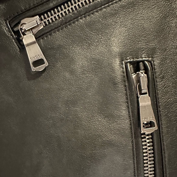 Gucci Black Leather Jacket with Floral Embroidery - Picture 2 of 5